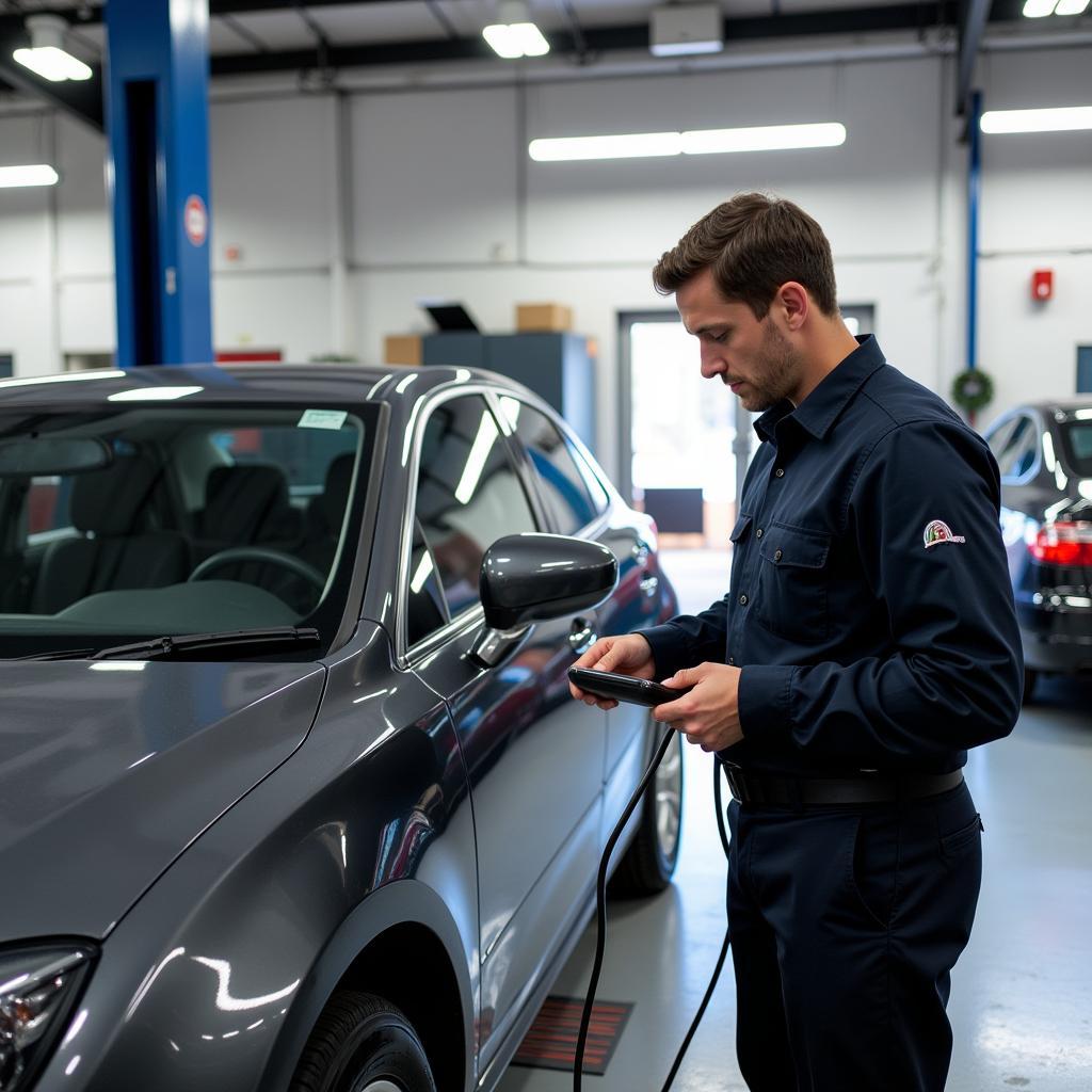 Mechanic inspecting a car in a Sinking Spring auto service shop