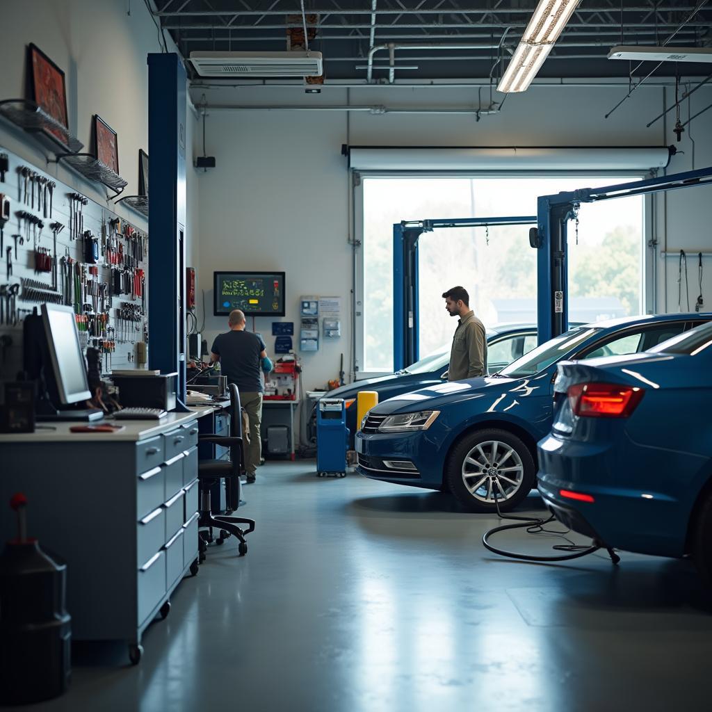 Modern auto service shop interior with diagnostic equipment