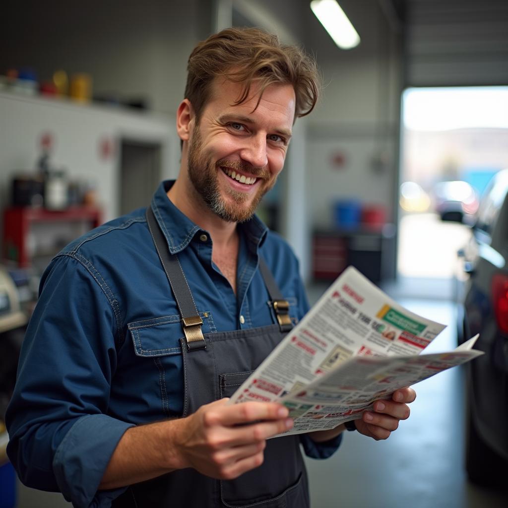 Mechanic holding a coupon booklet in a Spartanburg auto repair shop