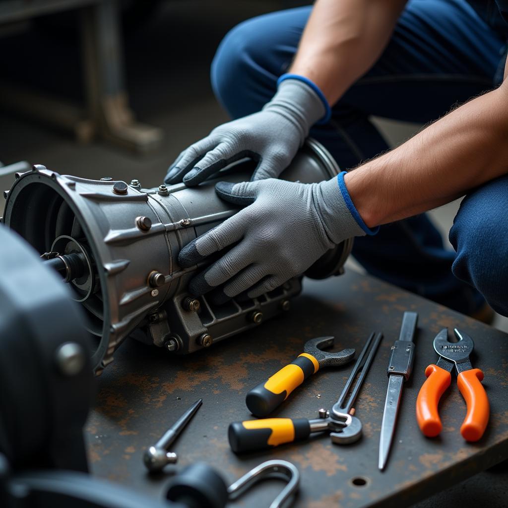 Specialized Mechanic Working on a Car Transmission