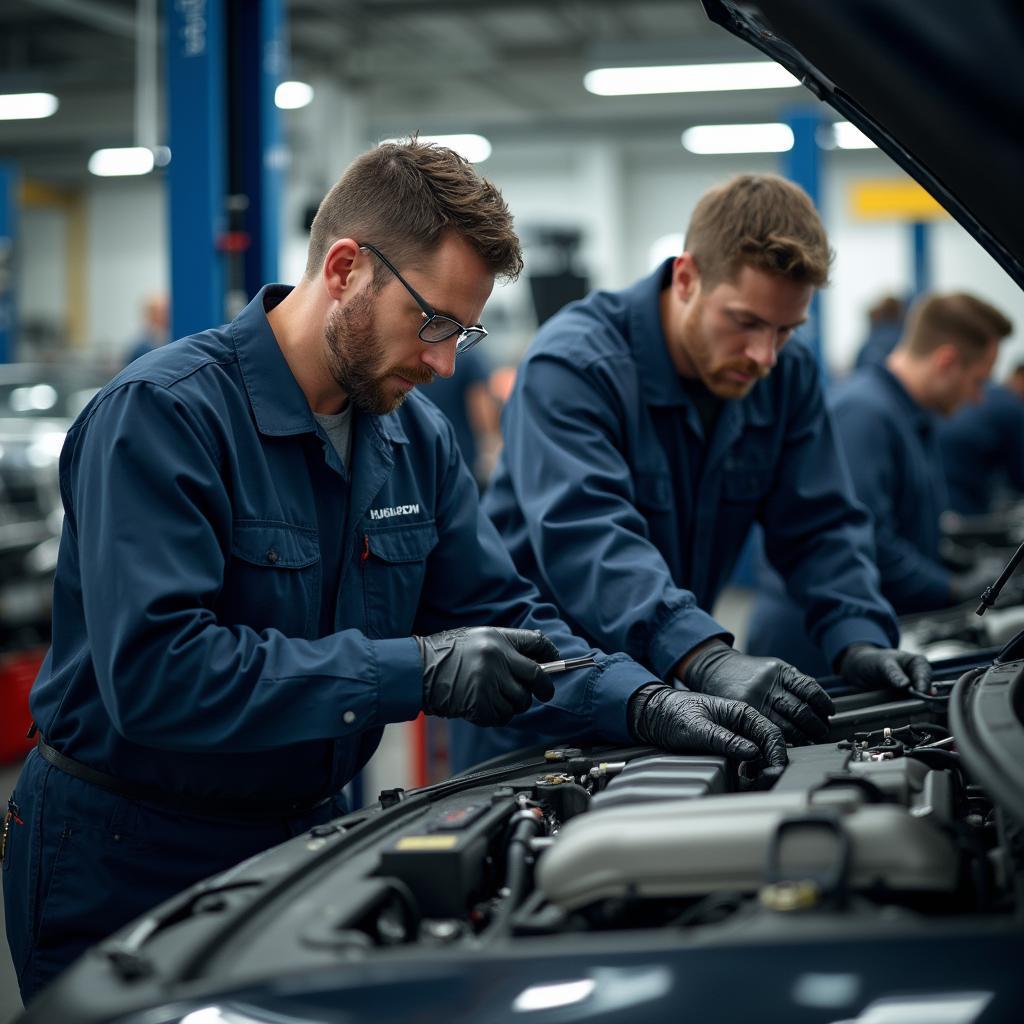 Expert technicians working on a car engine