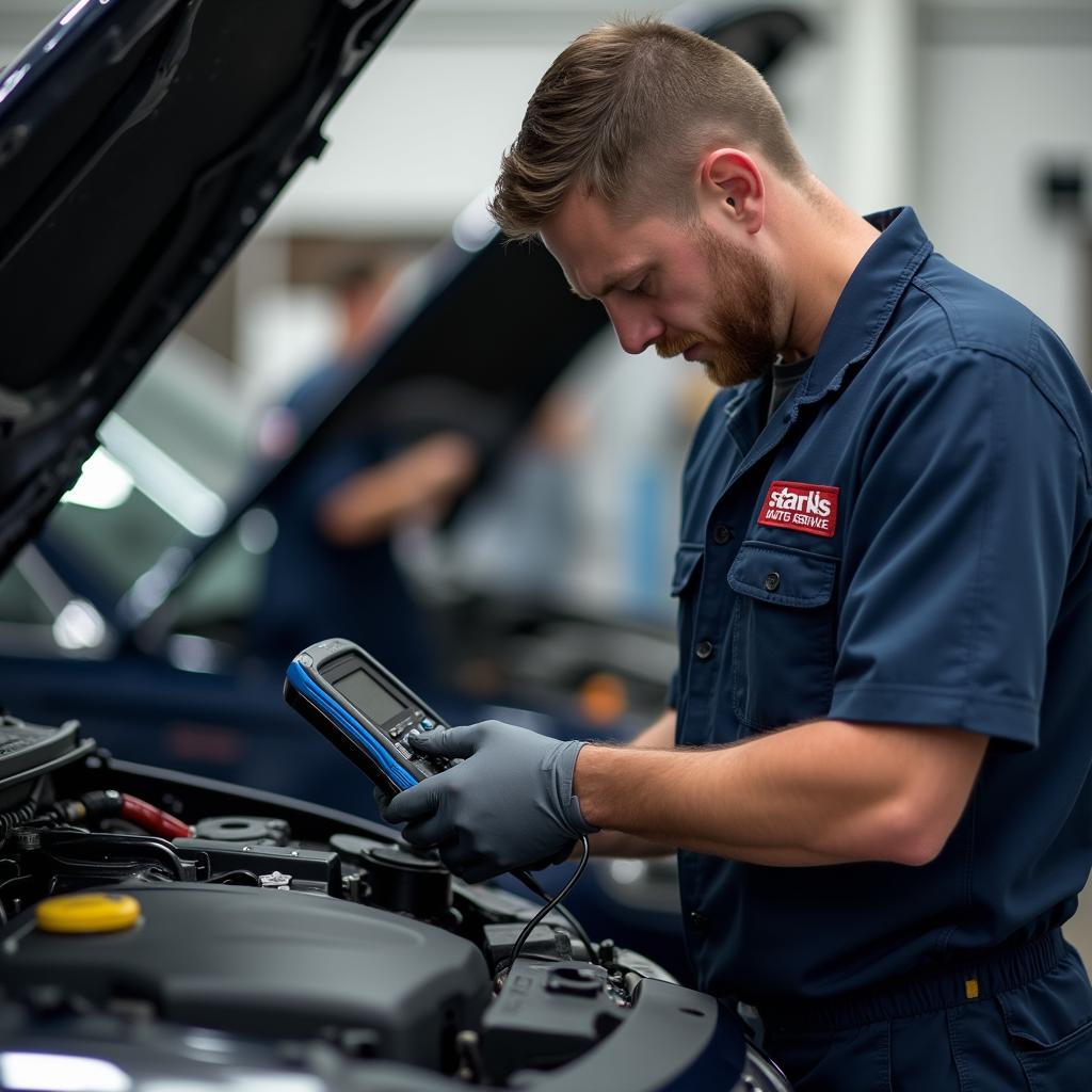 Skilled technician using diagnostic equipment on a vehicle