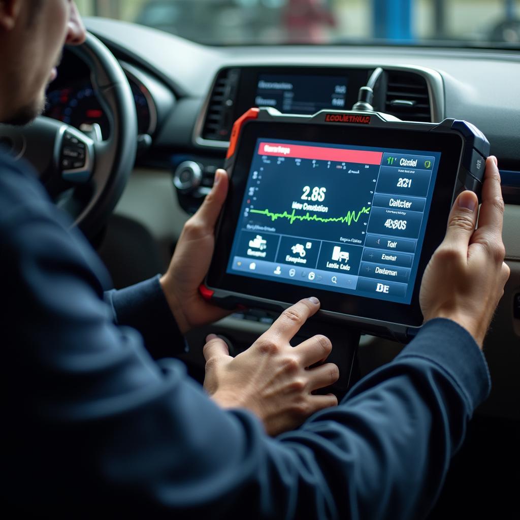 Advanced diagnostic equipment being used on a vehicle in a modern auto shop