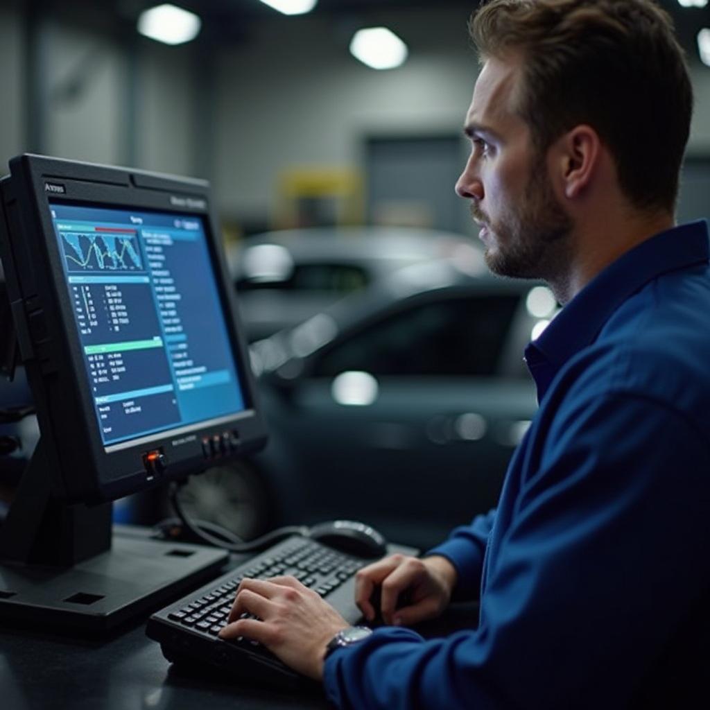 Stouts Auto Service Technician Using Diagnostic Equipment