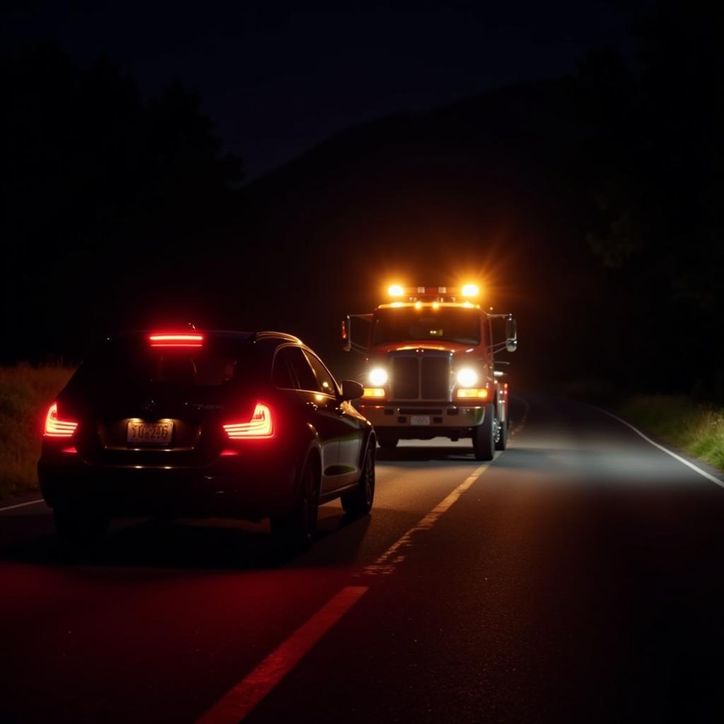 A car receives roadside assistance on a dark, deserted road