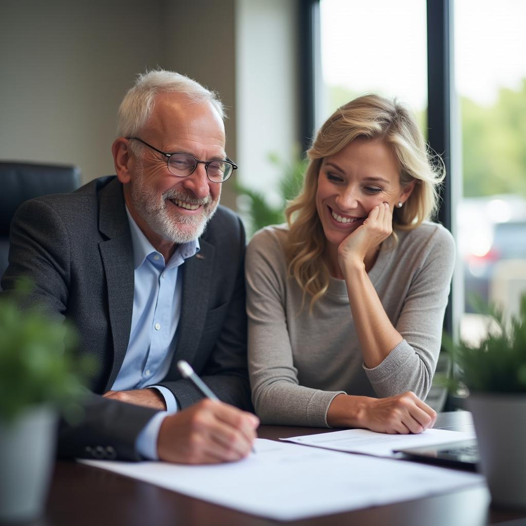 Couple smiling while signing paperwork for a new car