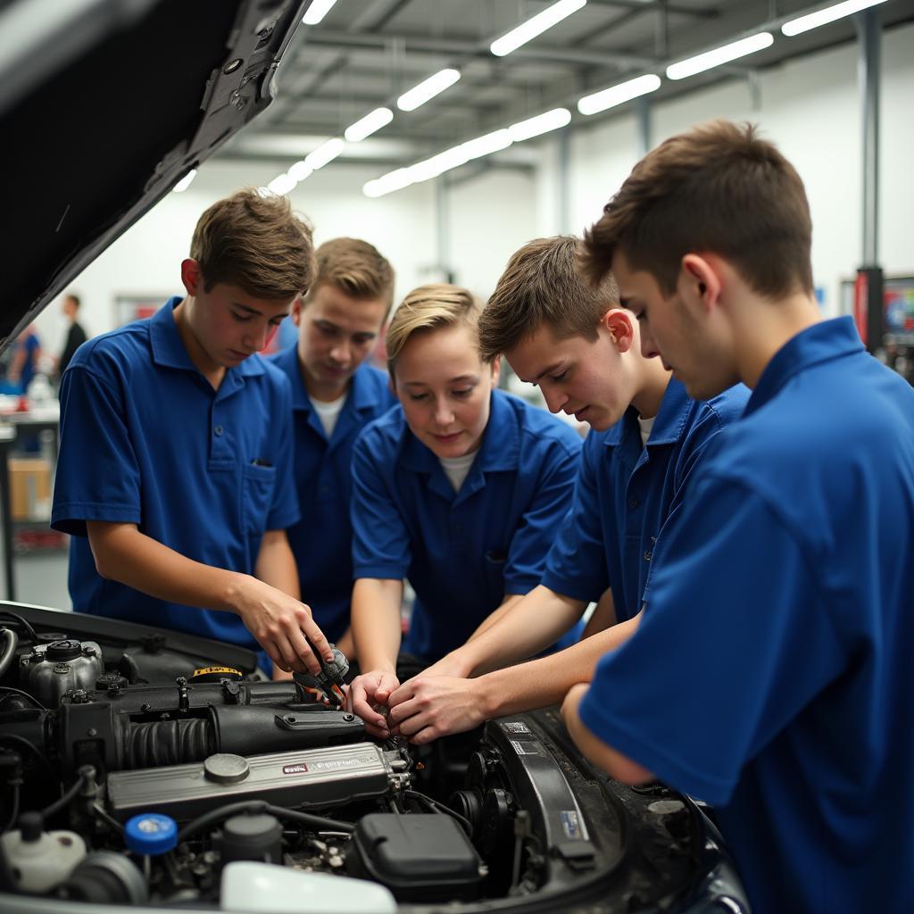 Students Working on a Car Engine in an Auto Shop