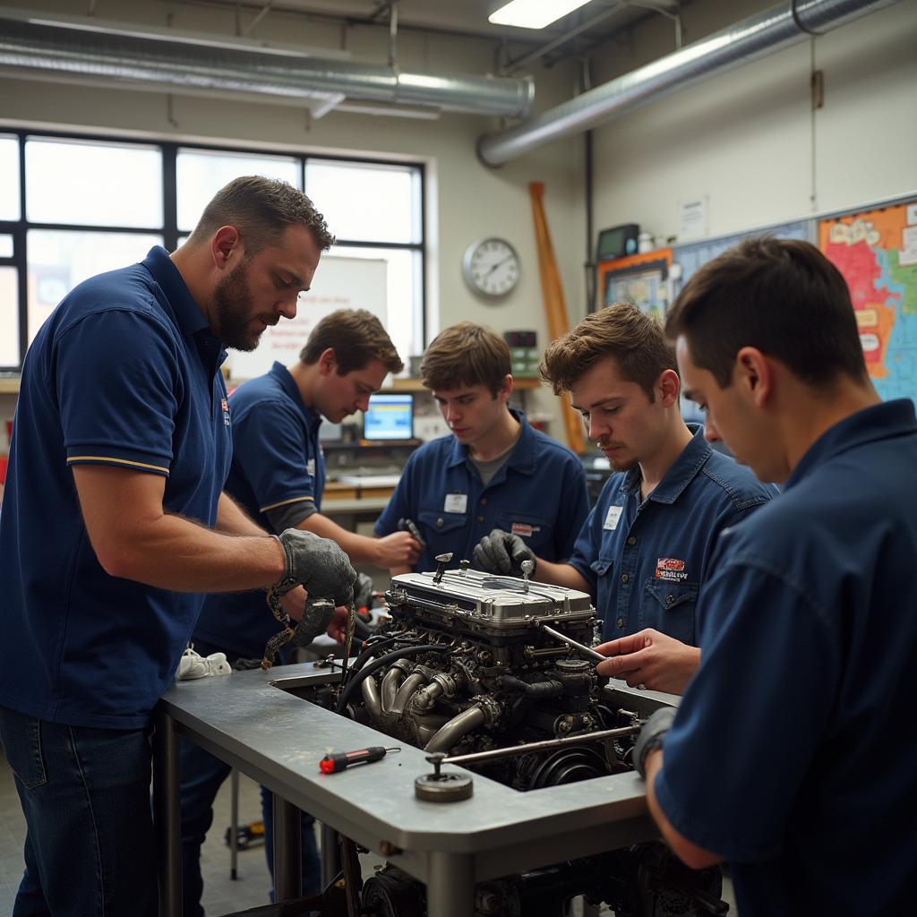 Students Working on Car Engine in Auto Shop