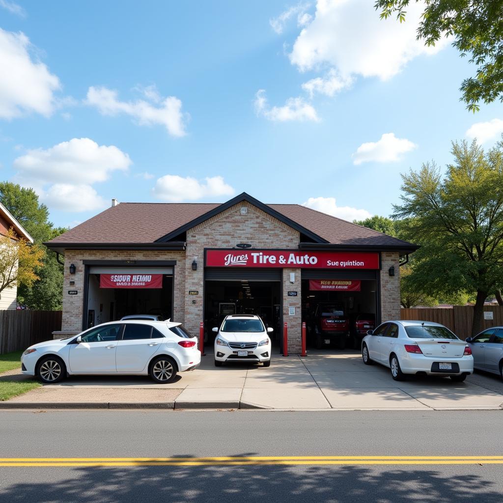 Modern suburban tire shop exterior with cars parked outside