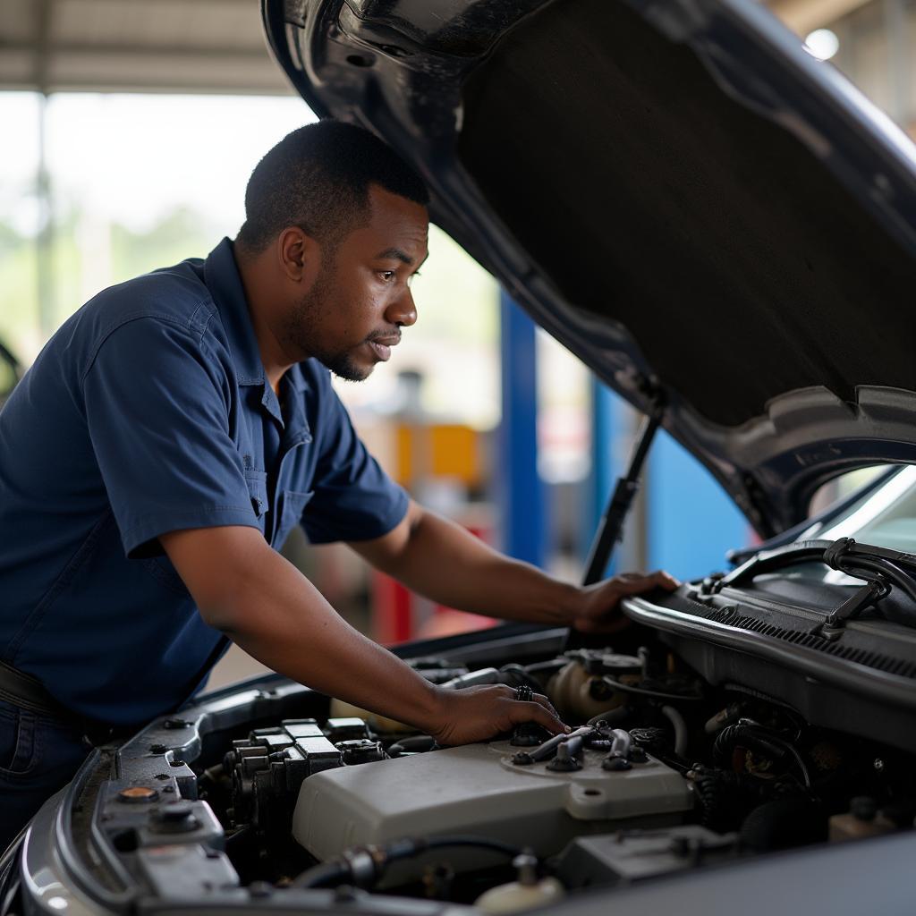 Surinamese mechanic inspects a car engine