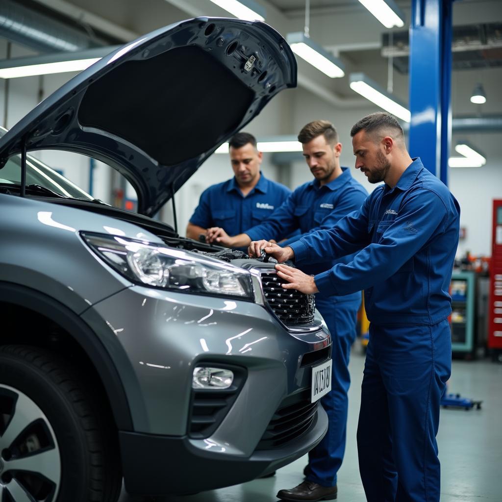 Experienced Technicians Working on a Car in a Modern Auto Repair Shop