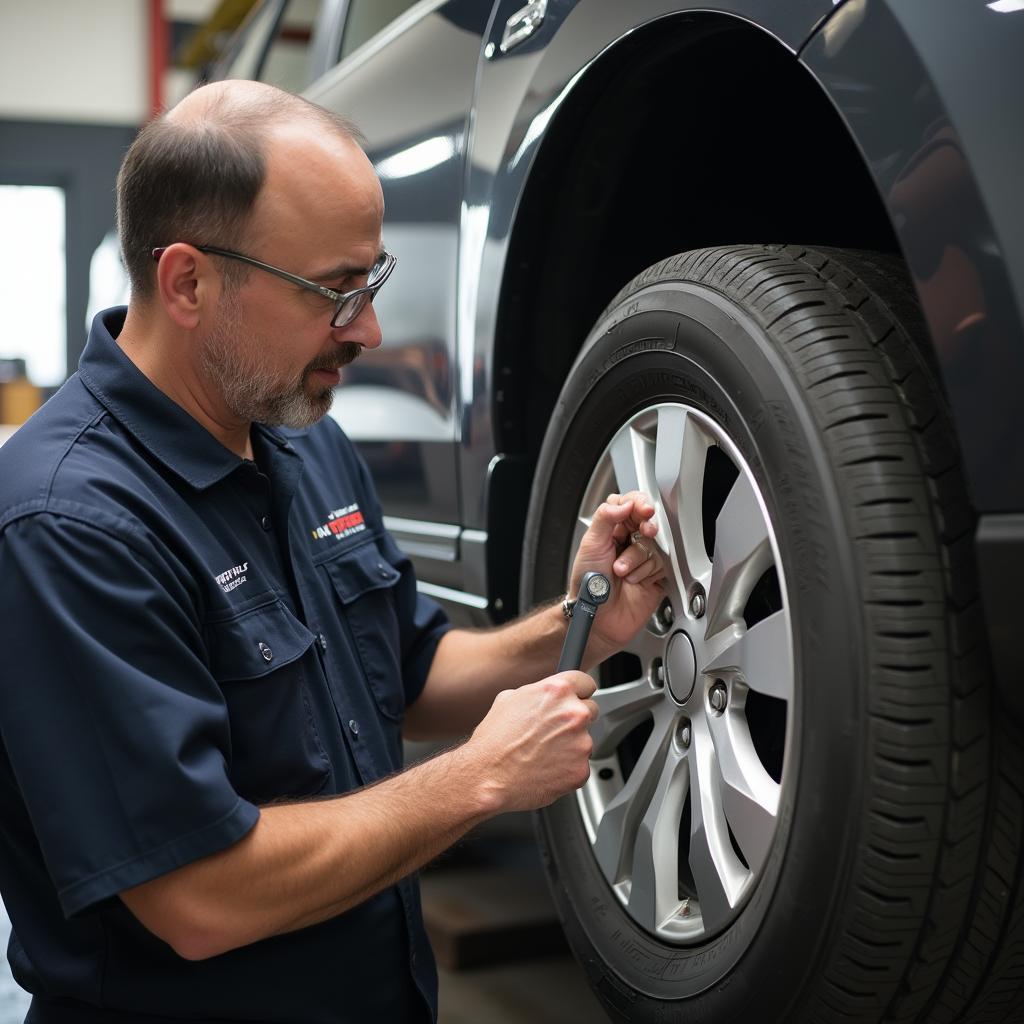 Tallahassee auto mechanic explaining tire condition to a customer