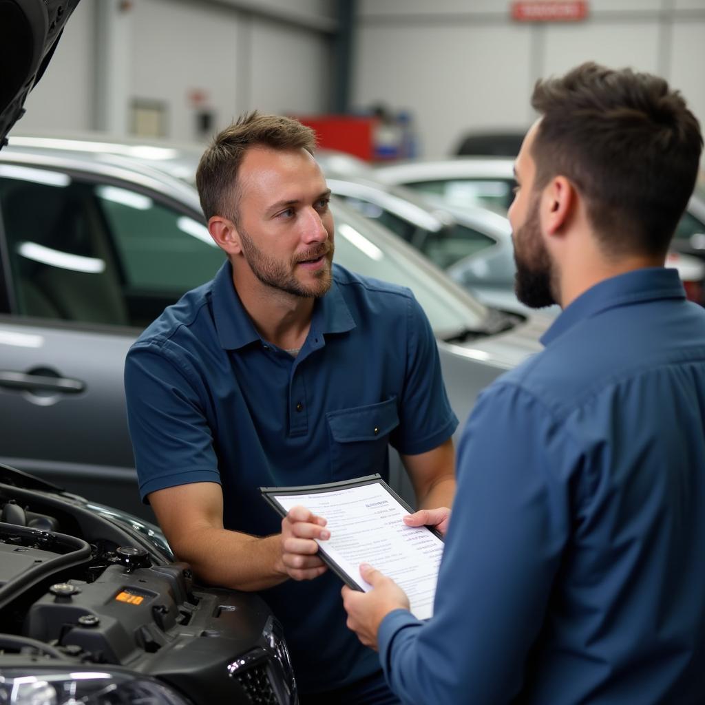 Auto service advisor discussing costs with customer in Tallahassee