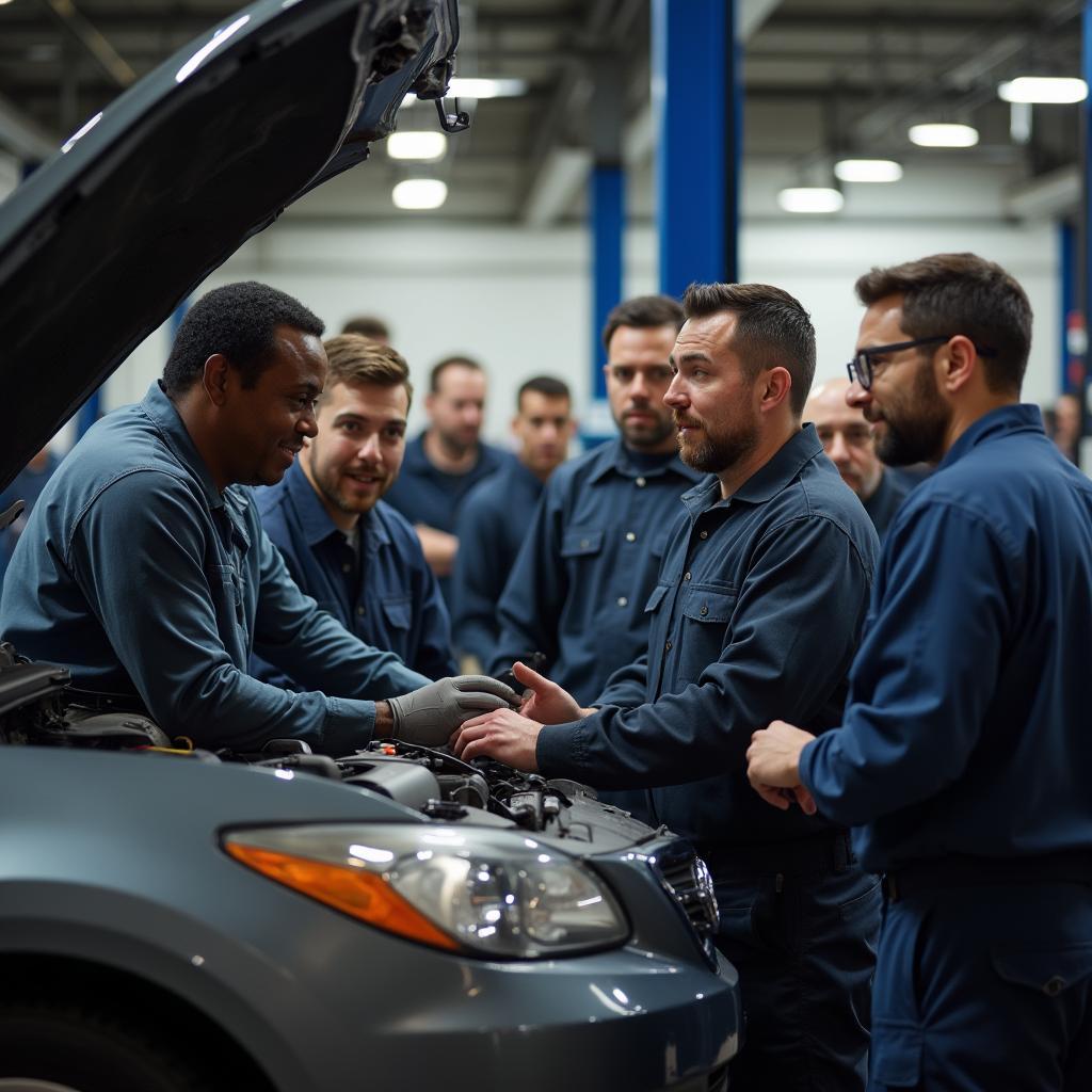 A diverse team of auto service technicians collaborating in a Chicago repair shop, highlighting the importance of teamwork in this profession.