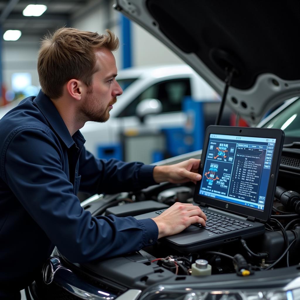 Technician Diagnosing Car Problem with Computer