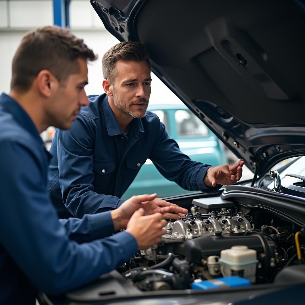 Technician Explaining Transmission Issue to Customer