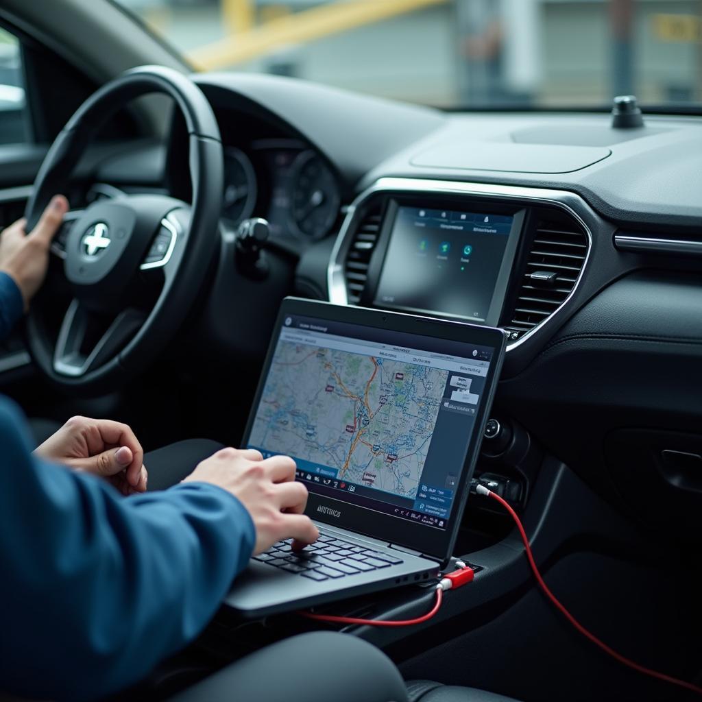 Technician using advanced computer diagnostics on a vehicle