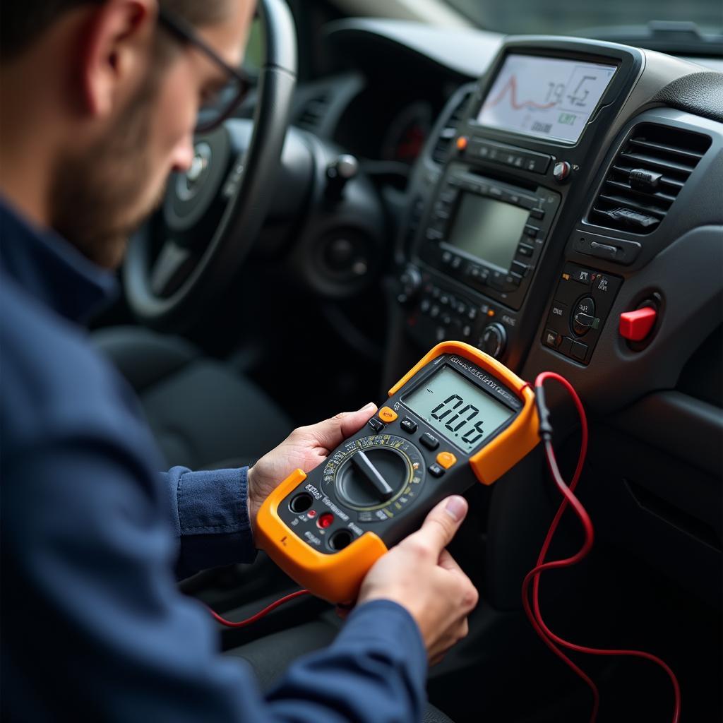 Automotive Technician using a Digital Multimeter