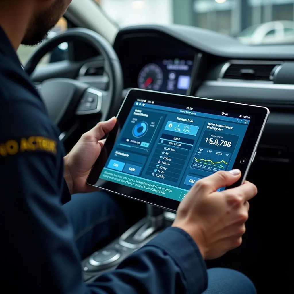 Skilled technician utilizing a digital tablet for comprehensive car diagnostics.