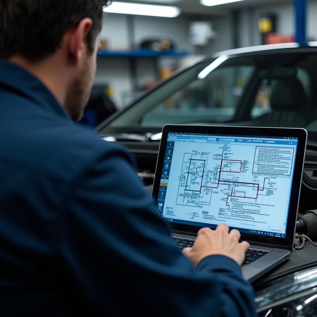 Technician Reviewing Wiring Diagram on Laptop