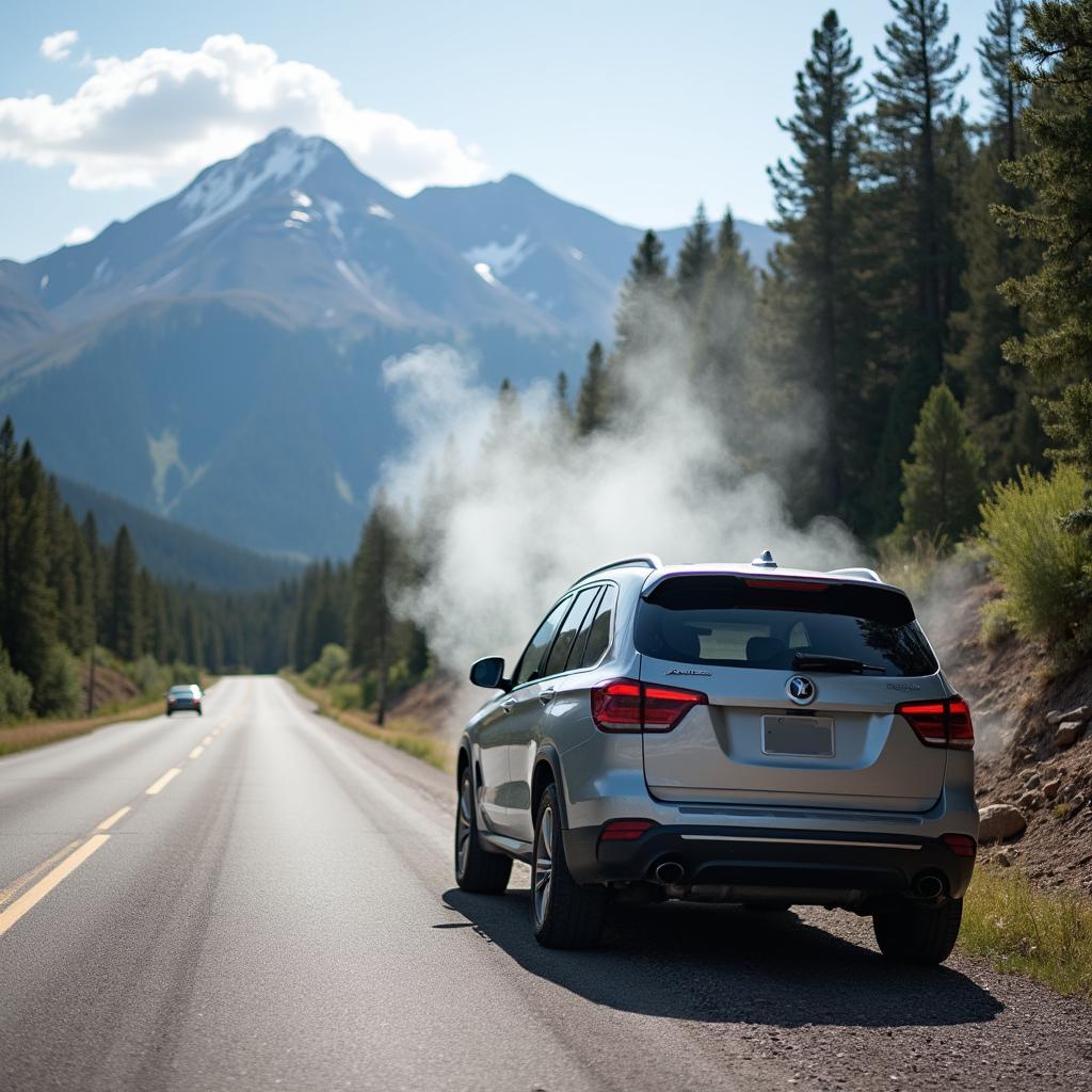 Car pulled over on the side of a road near Telluride with mountains in the background