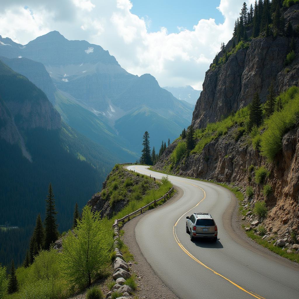 Car driving on a scenic mountain road near Telluride