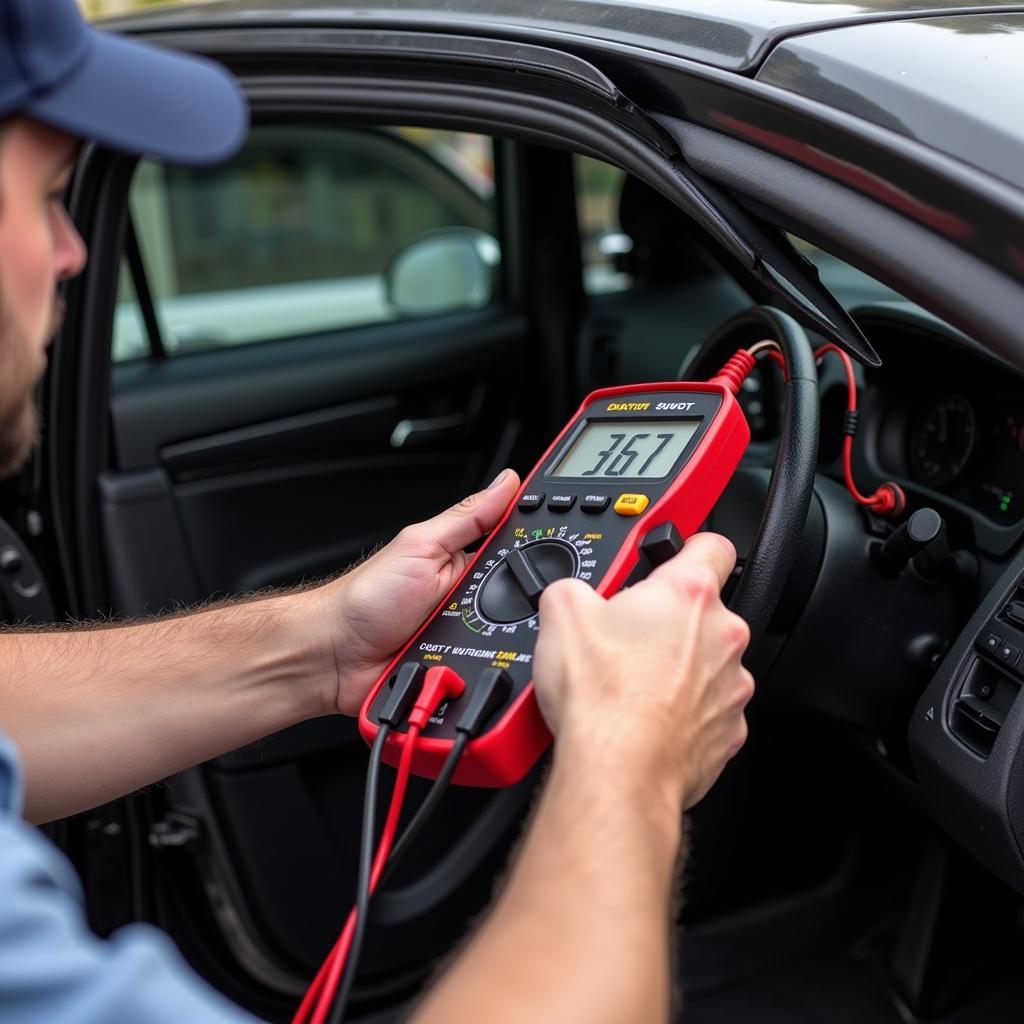 Testing the cop car window motor with a multimeter.