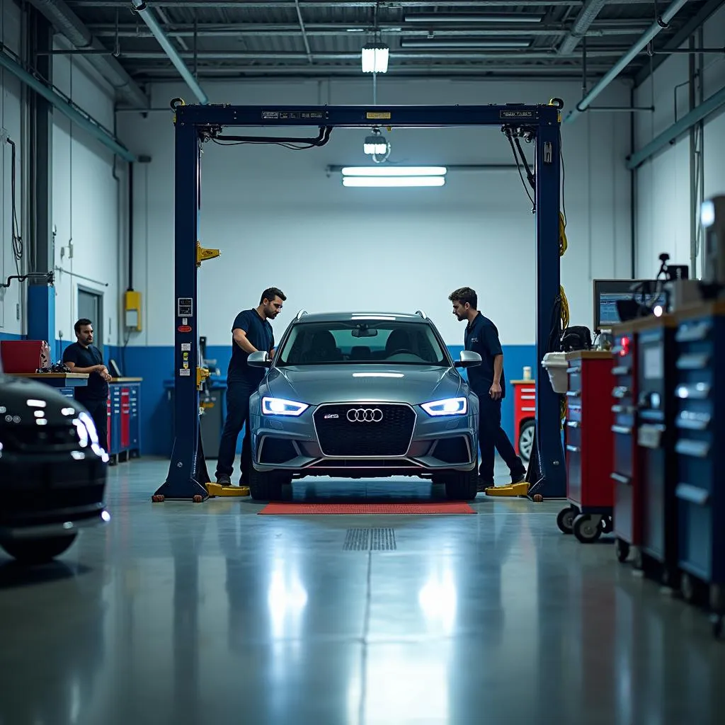 Modern and clean auto service center interior with experienced mechanics