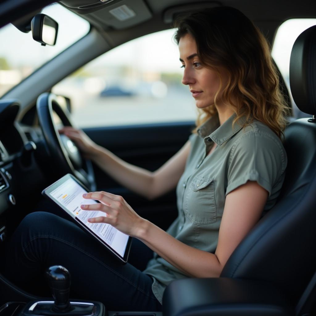  Car owner reading auto service reviews on a tablet 