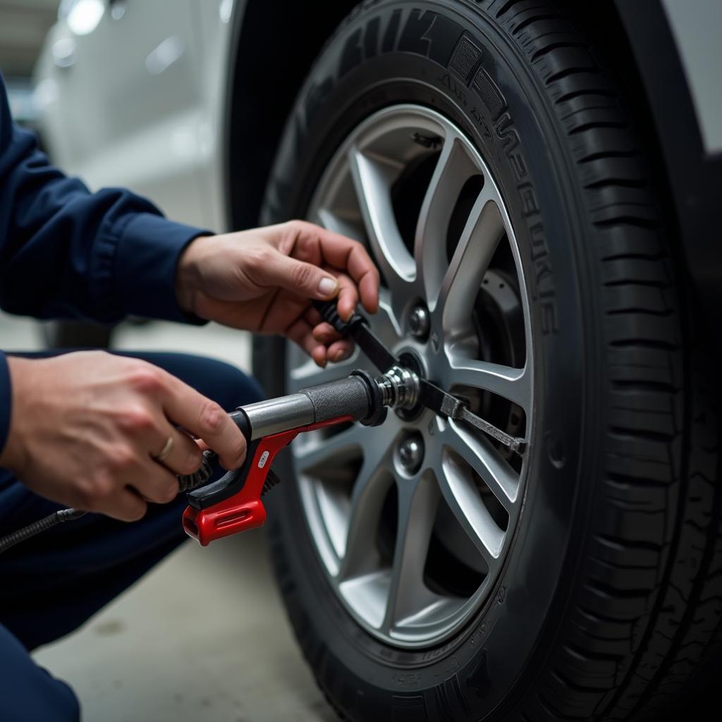 Mechanic checking tire alignment