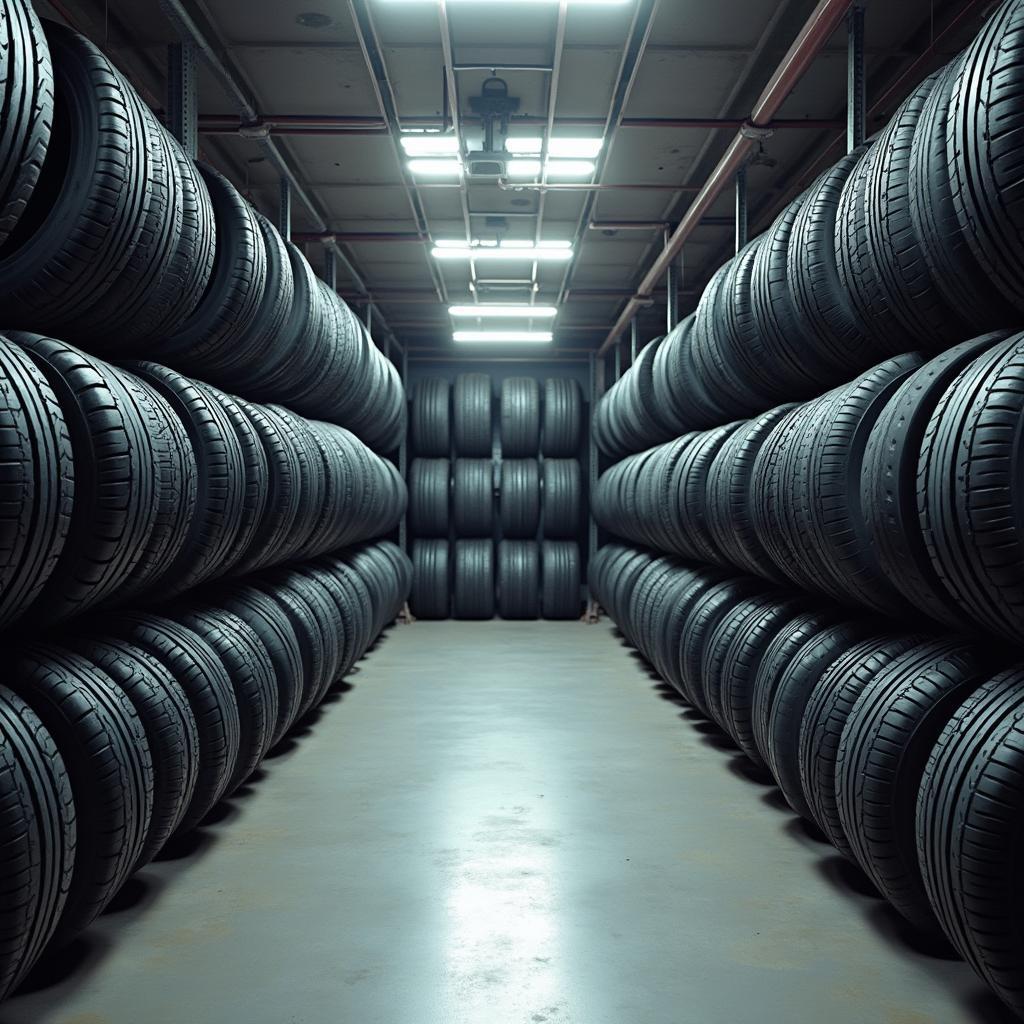 A wide selection of tires from different brands displayed in a tire center