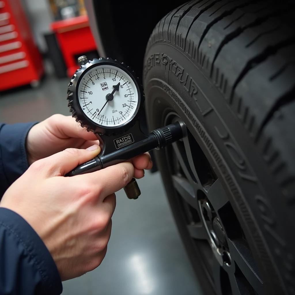 Close up of a mechanic inspecting tire tread depth with a gauge in an auto shop in Jackson