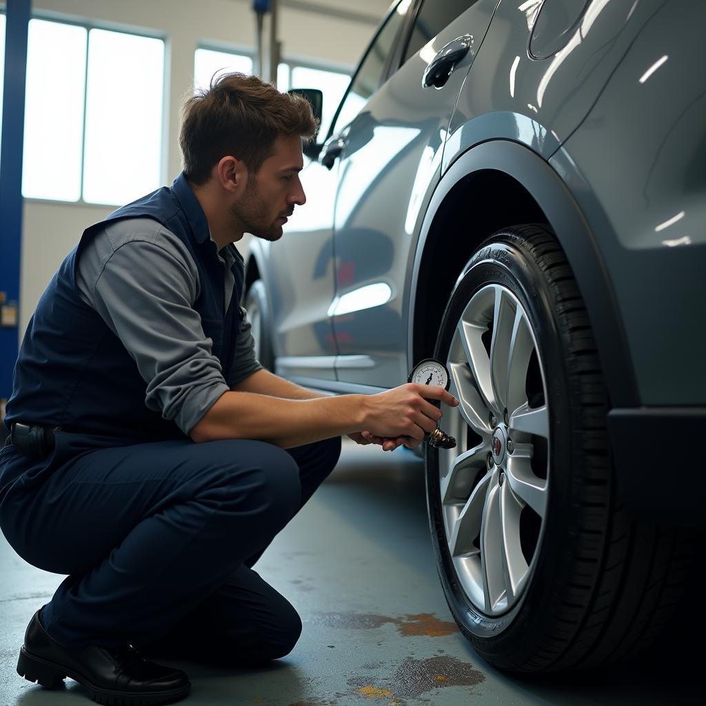 Mechanic Checking Tire Pressure with Gauge