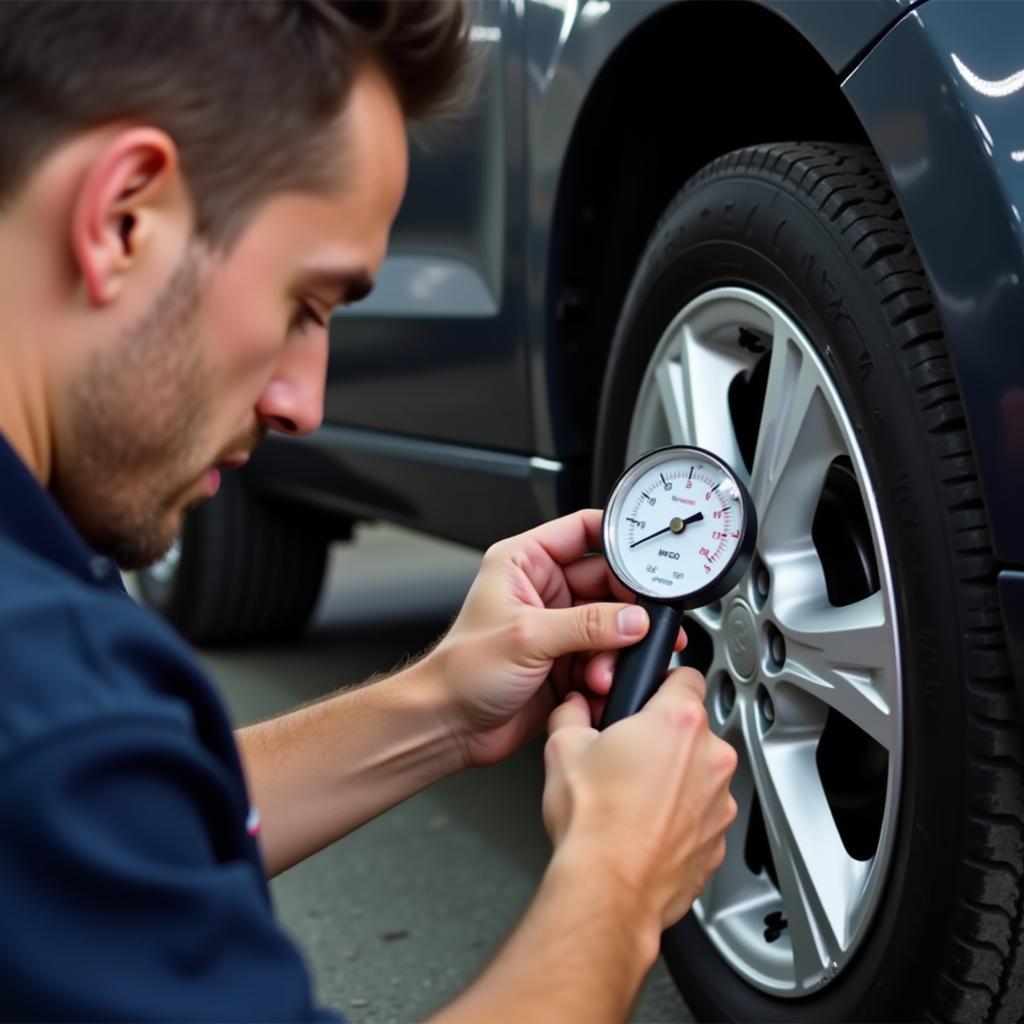 Mechanic checking tire pressure with gauge