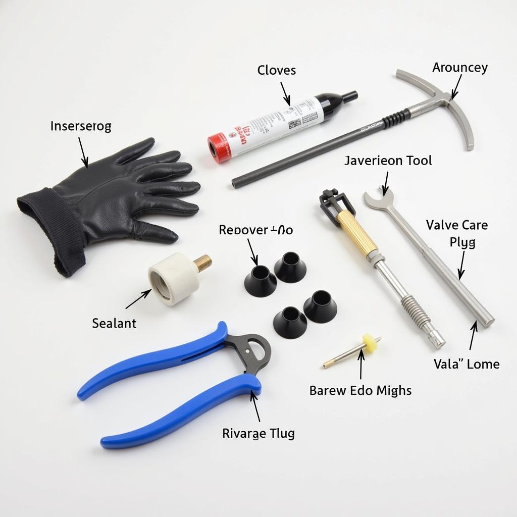 Components of a tire repair kit displayed on a flat surface.