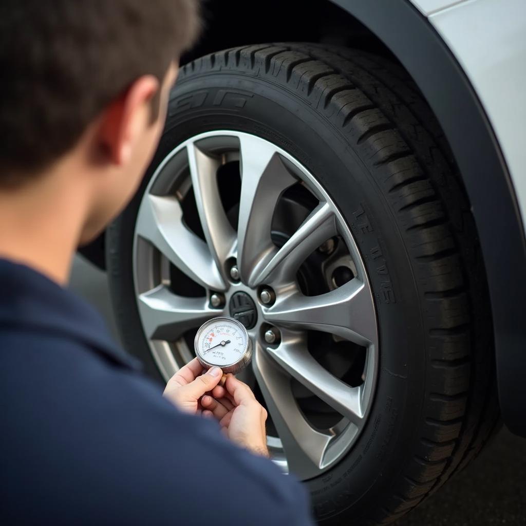 Mechanic checking tire pressure