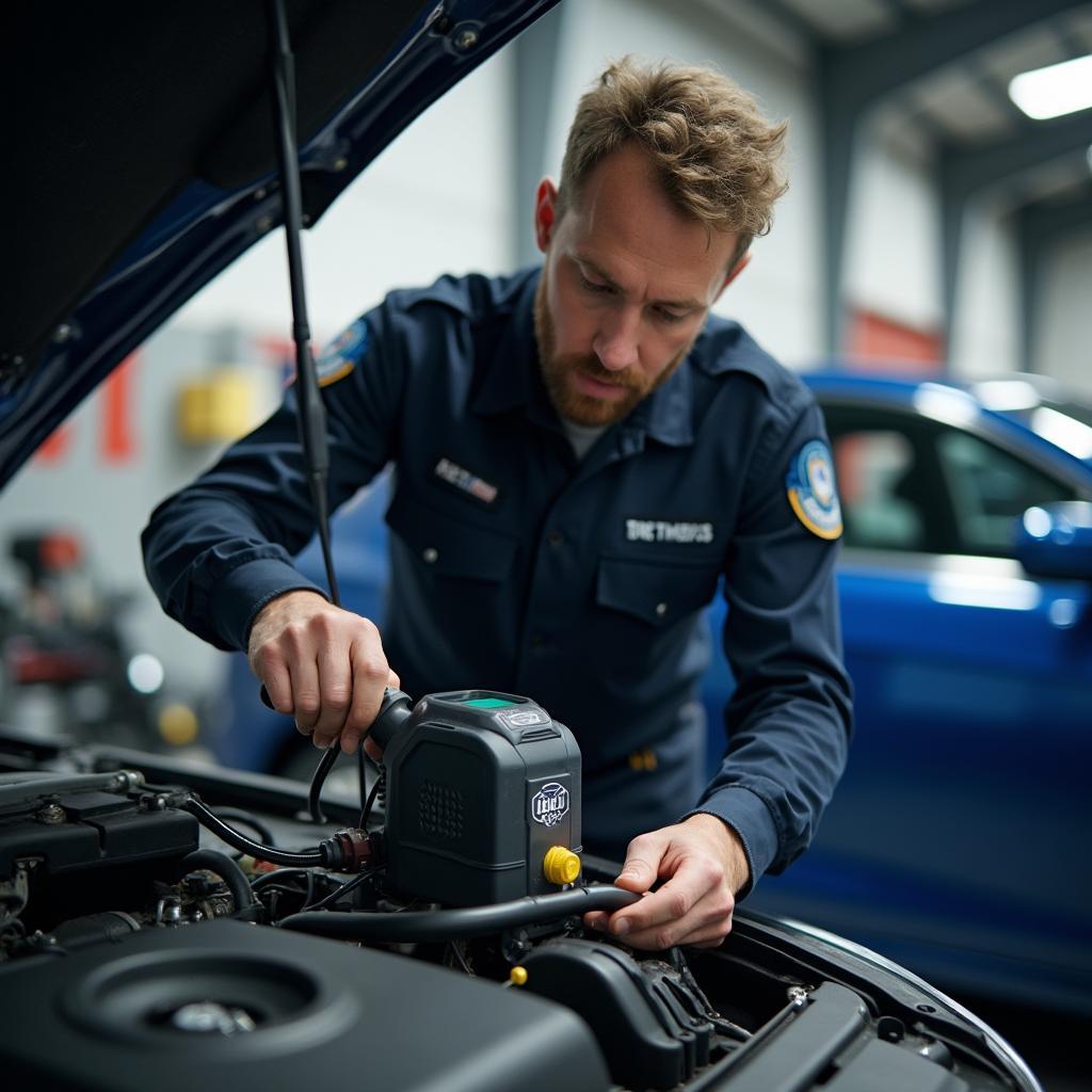 Experienced TJ's technician performing a car inspection