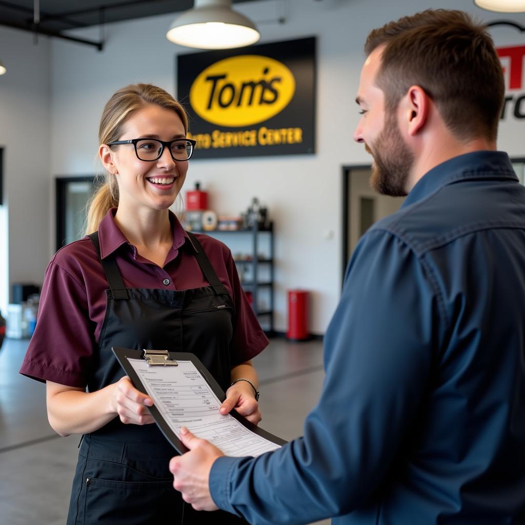 Tom's Auto Service Center customer service representative explaining a repair estimate