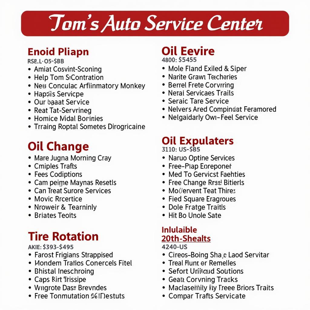 Tom's Auto Service Center services list