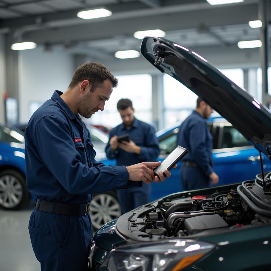 Expert mechanics working in a modern auto service center