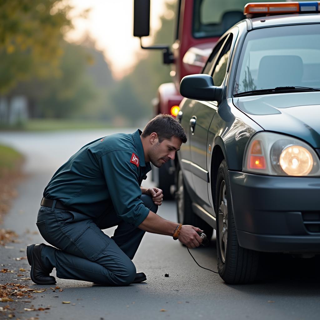 Tow truck driver changing a tire on a car in Paradise, NV