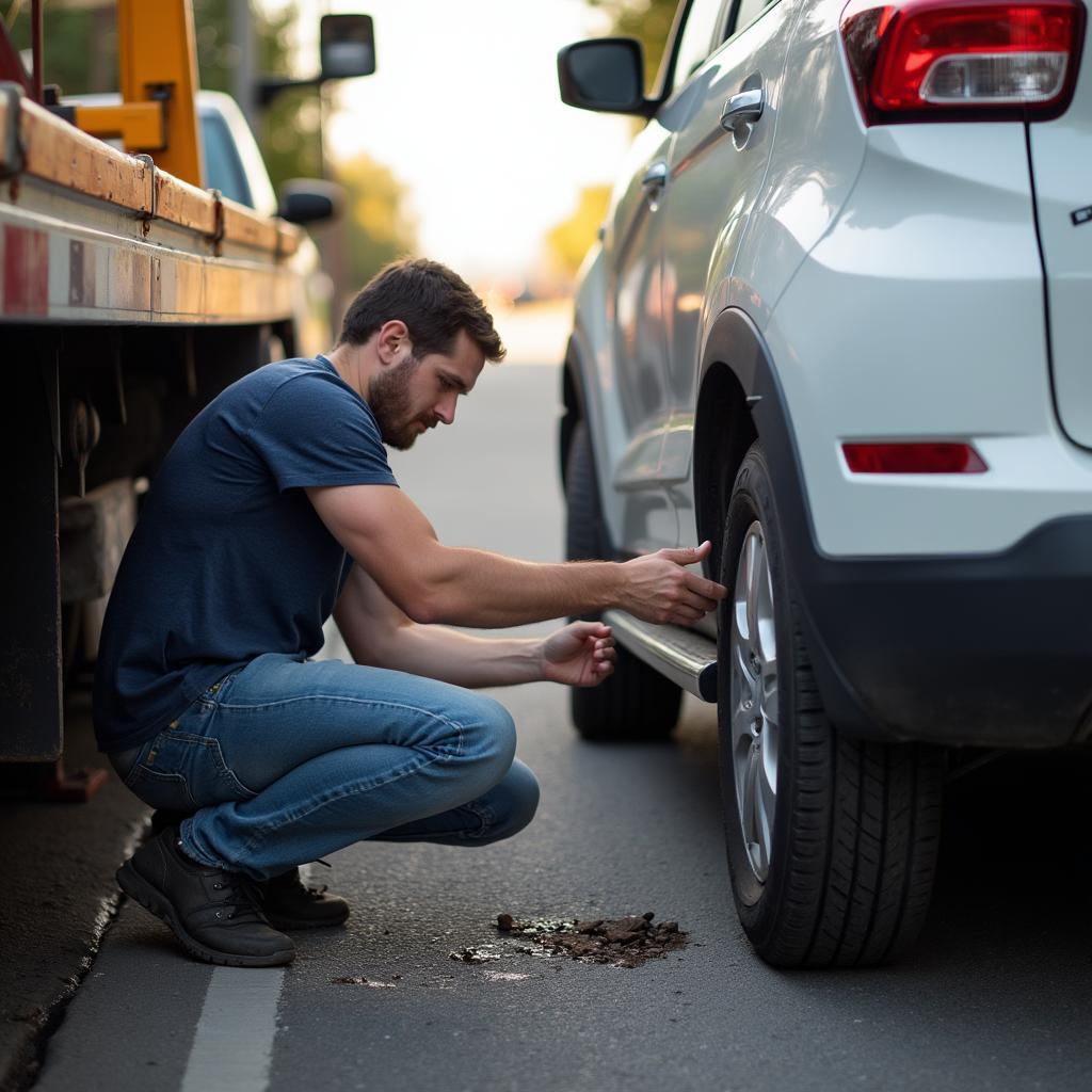 Tow Truck Driver Changing Tire