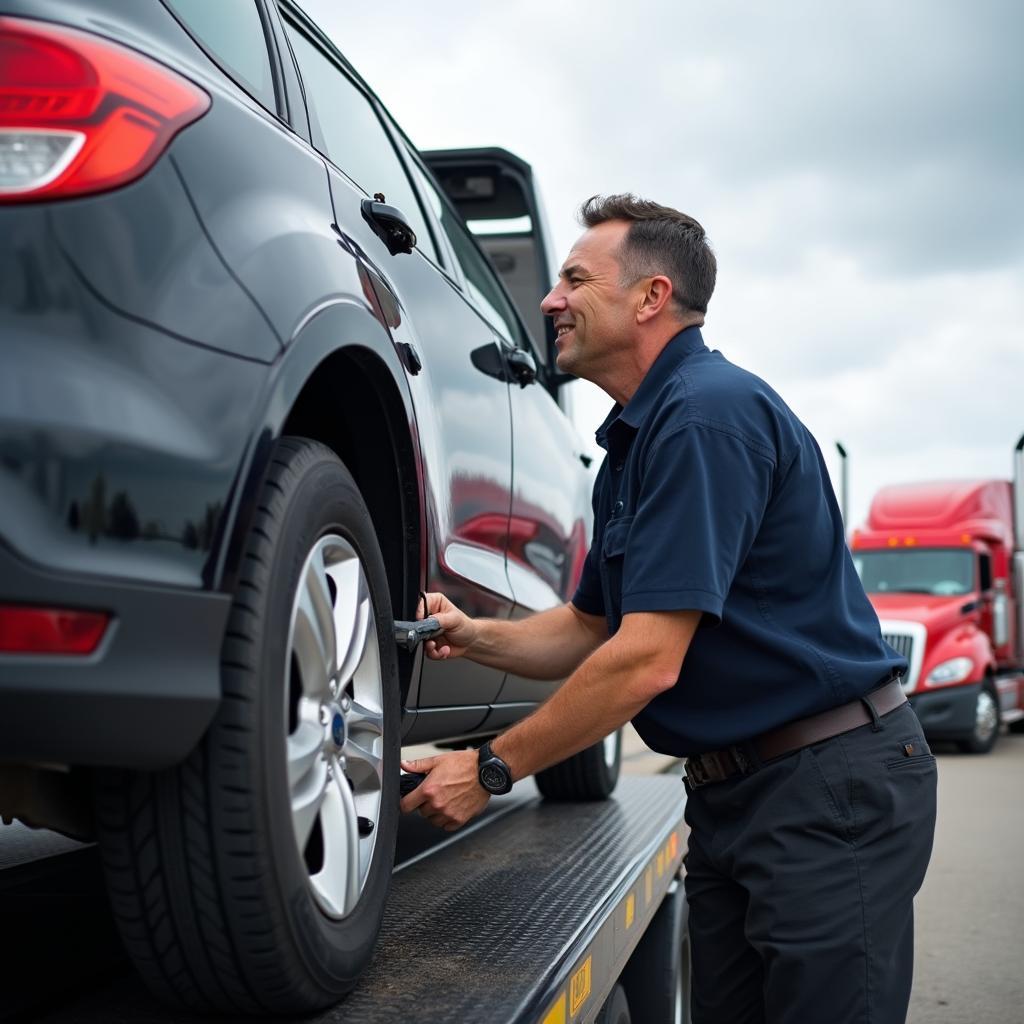 Tow Truck Driver Hooking a Car