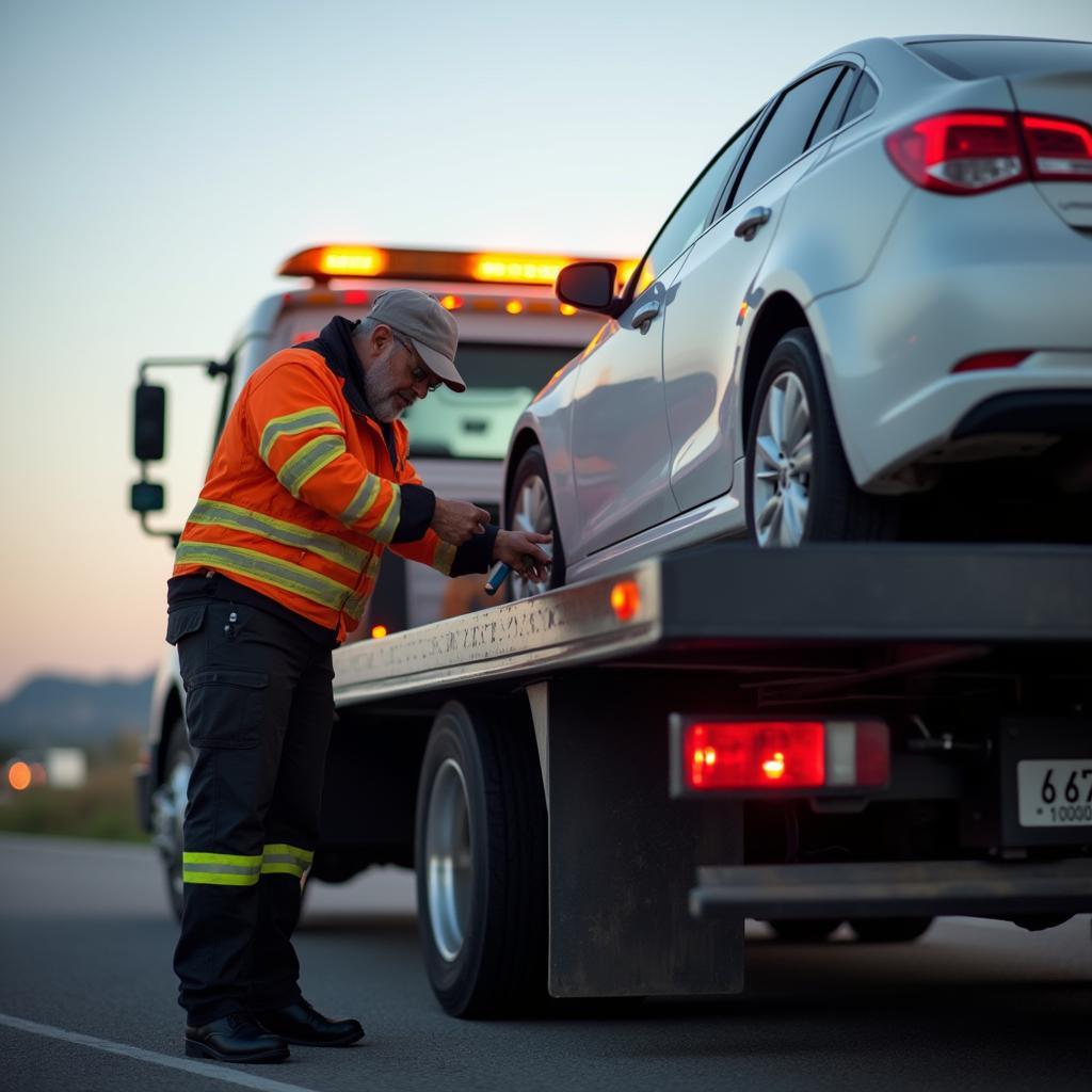 Tow Truck Driver Hooking Up a Vehicle