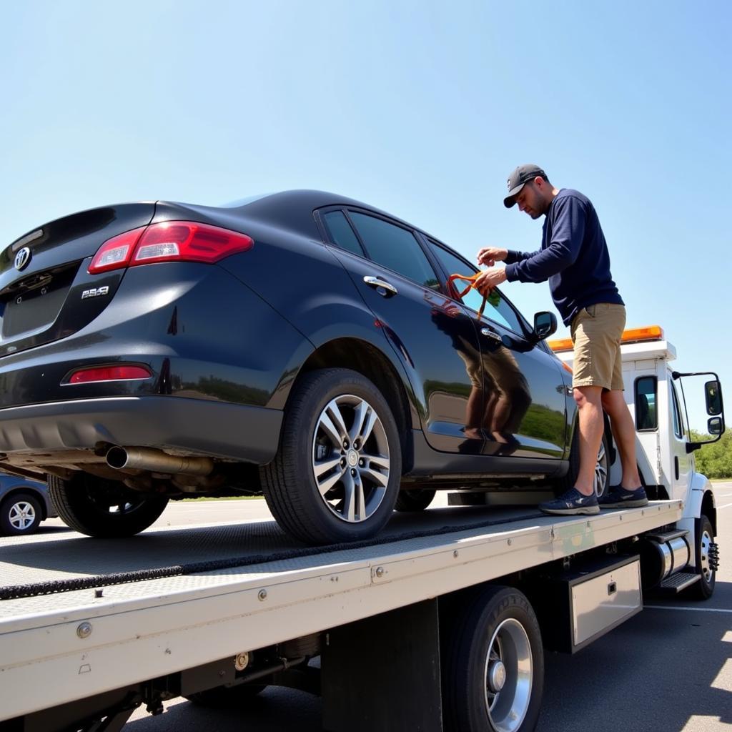 Tow Truck Driver Securing a Vehicle on a Flatbed