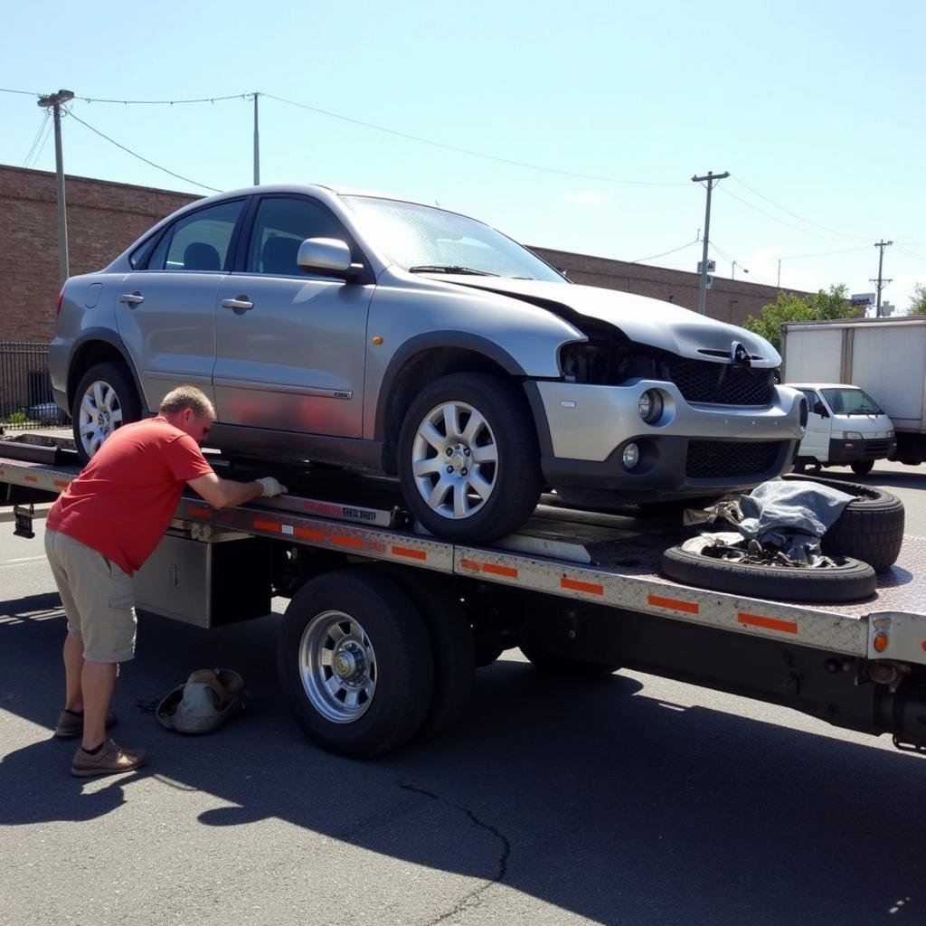 Tow truck loading a damaged car onto its flatbed