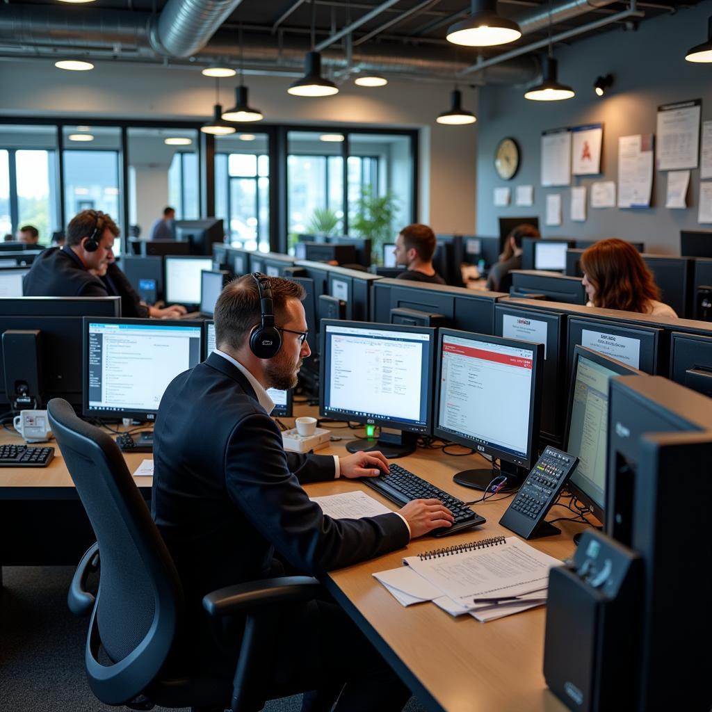 Towing service dispatch center with operators answering calls