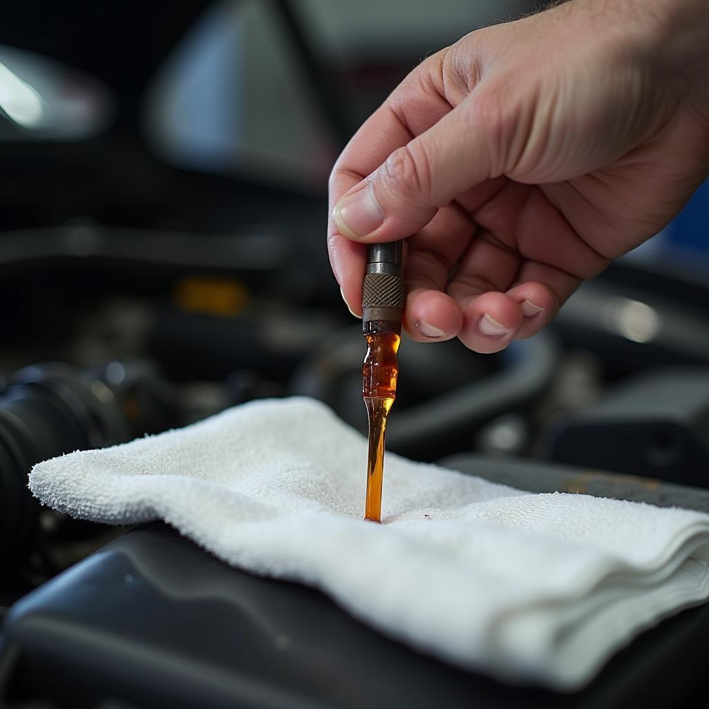  Close-up of a mechanic's hand checking car transmission fluid