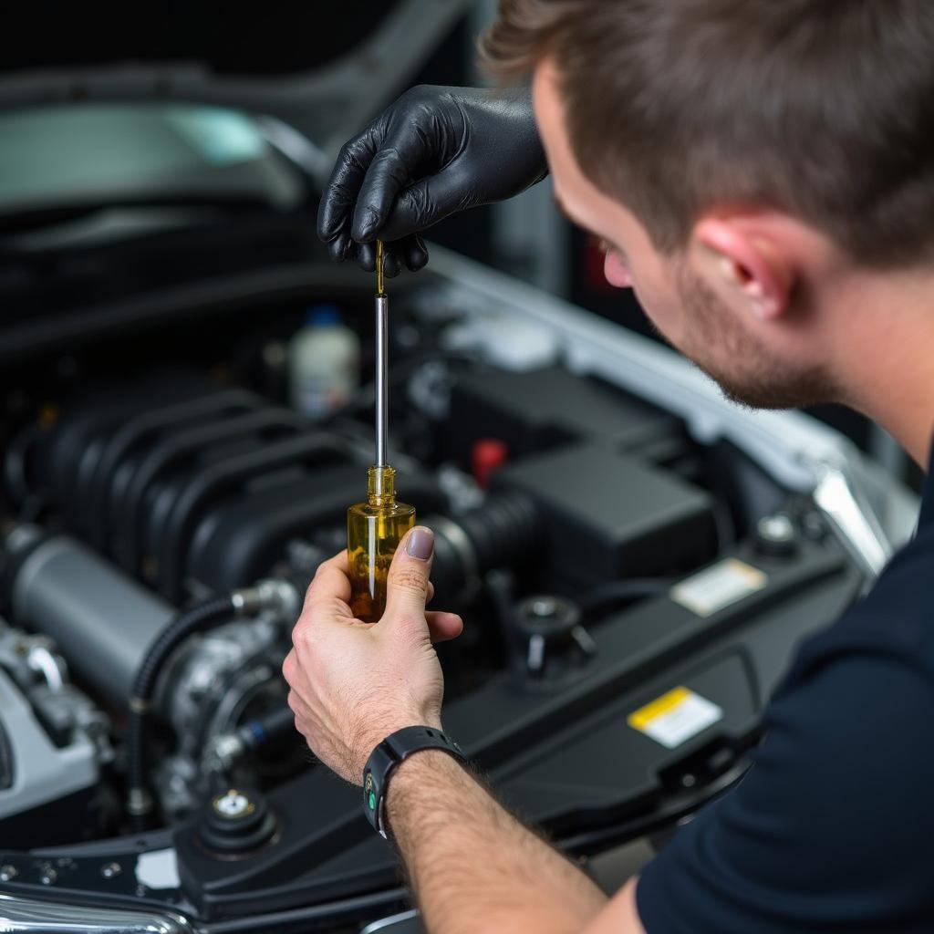 Car mechanic checking transmission fluid in Decatur, Indiana