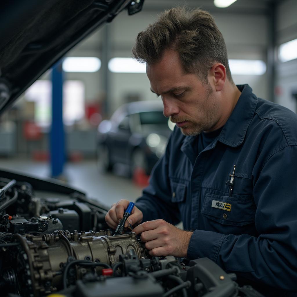 Mechanic inspecting a car transmission in a repair shop